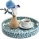 CLAYNIX Serving Tray 12.5 Inch, Lacquer Mother of Pearl Inlay Mosaic Tray, Round Wooden Marble Tray with Handles Trays for Tea, Breakfast (Leaf Style)