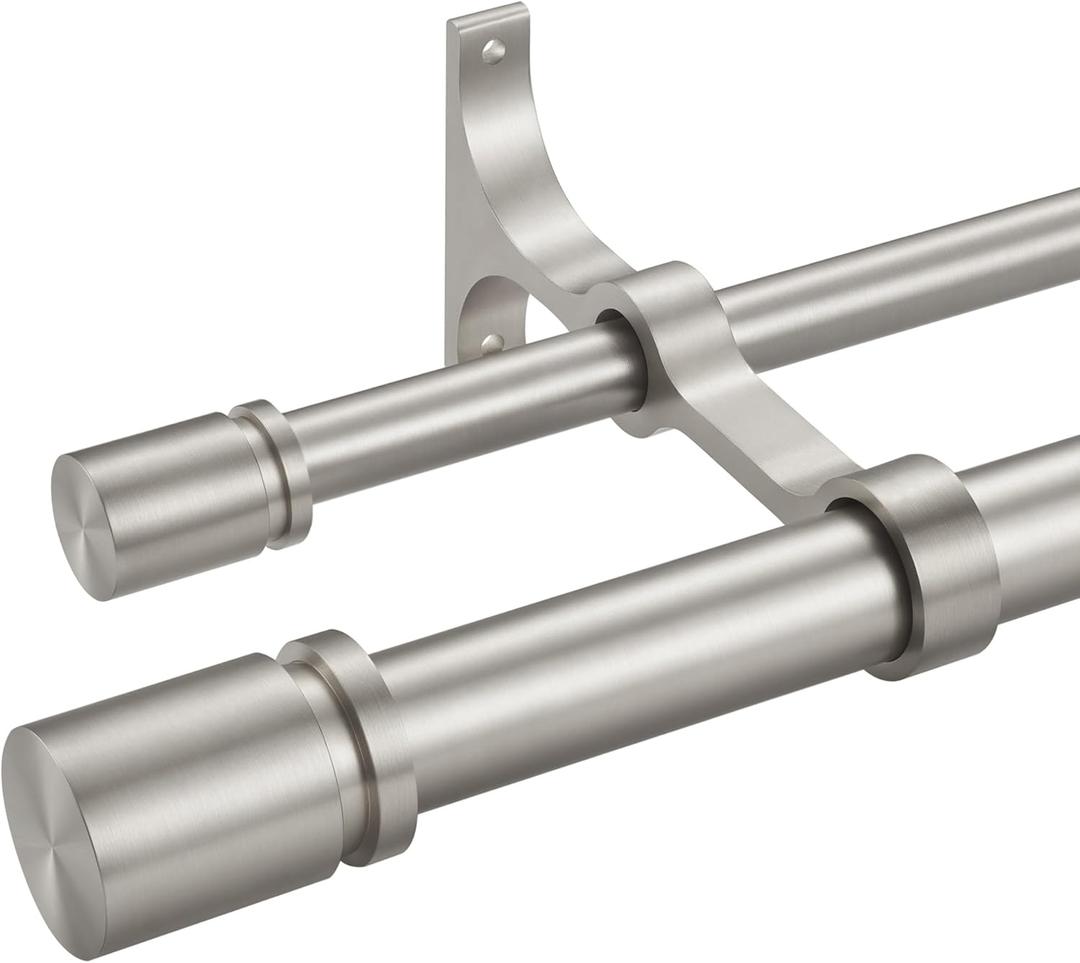 Double Curtain Rod 36 to 72 Inch,1 Inch Heavy Duty Curtain Rods for Windows with Solid Aluminum Cylindrical Finials and Bracket,1 Front and 5/8 Back Telescoping Double Drapery Rod,Brushed Nickel