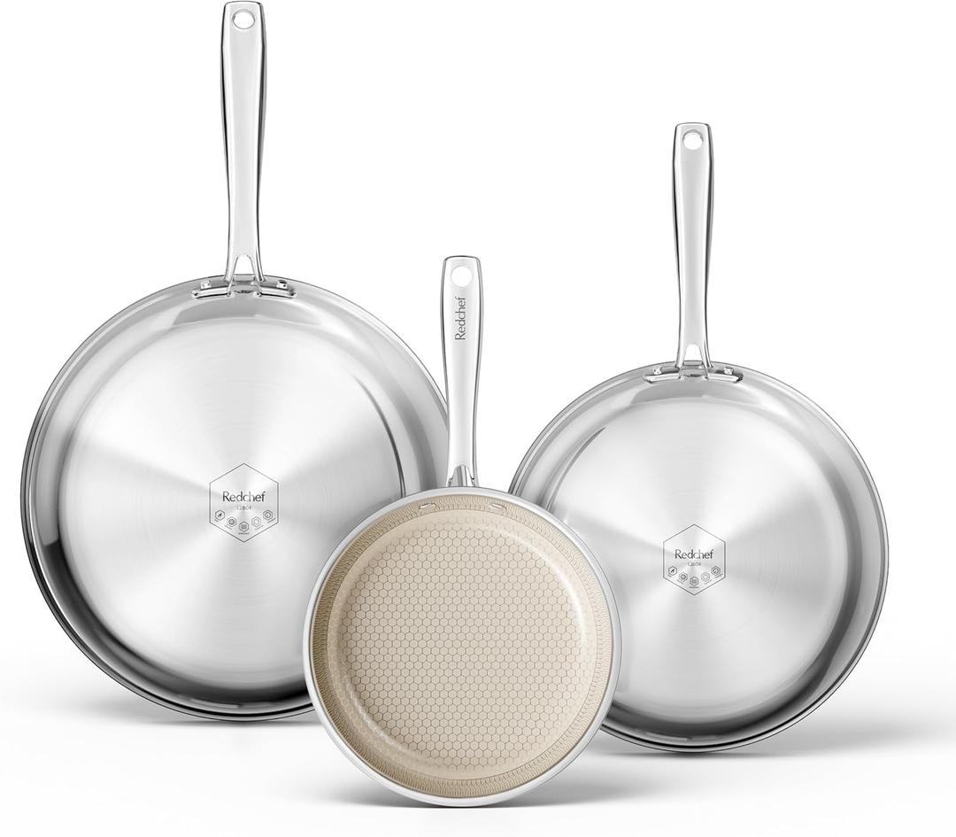 Redchef Non Stick Frying Pans, Hybrid Ceramic Frying Pan, Nonstick Skillet with Stay-Cool Handle, Non Toxic, PFAS PFOA & PTFE Free, Dishwasher & Oven Safe, Compatible with All Cooktops (8+10+12 inch) (Beige)