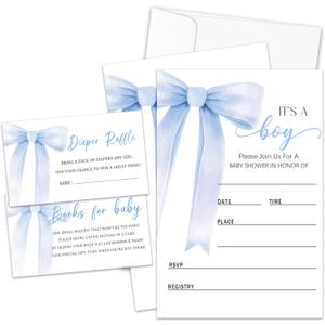 Blue Bow Baby Shower Invitations For Boy, Boys Baby Shower Invites Cards with Envelopes, Gender Reveal Invitations, Diaper Raffle Tickets(25 Sets) -tz04