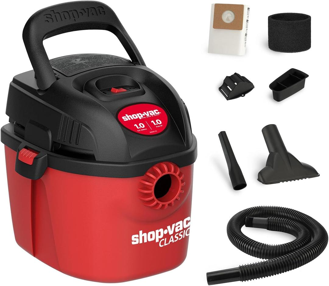 Shop-Vac 2021000 1 Gallon 1 Peak Wet/Dry Vac, Portable Compact Micro Vacuum with Collapsible Handle Wall Bracket & Multifunction Accessories Uses Type A Filter Bag & Type MM Foam Sleeve (Red)