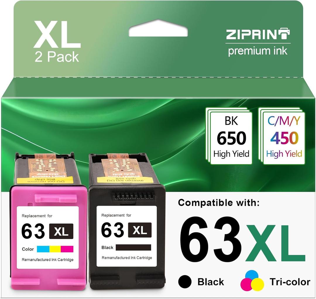 ZIPRINT 63XL Ink Cartridge Combo Pack Replacement for Hp Ink 63 63XL Ink Cartridges Black and Color Work with HP Officejet 3830 4650 5255 5258 Envy 4520 4512 DeskJet 3630 2130 1112 Printer, 2 Pack