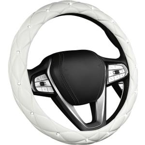 Bling Car Steering Wheel Cover, 15 Inch Non-Slip Soft Leather Auto Wheel Cover, Crystal Rhinestone Steering Wheel Cover for Women Girls, Universal Decor Car Accessories (White)