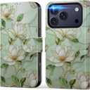 DEENAKIN for iPhone 17 Pro Wallet Case with Card Holder + Cash Clip, RFID-Blocking, Military-Grade Drop Protection & UV-Printed Artwork, Magnetic Closure with Leather Stand - Magnolia Flowers