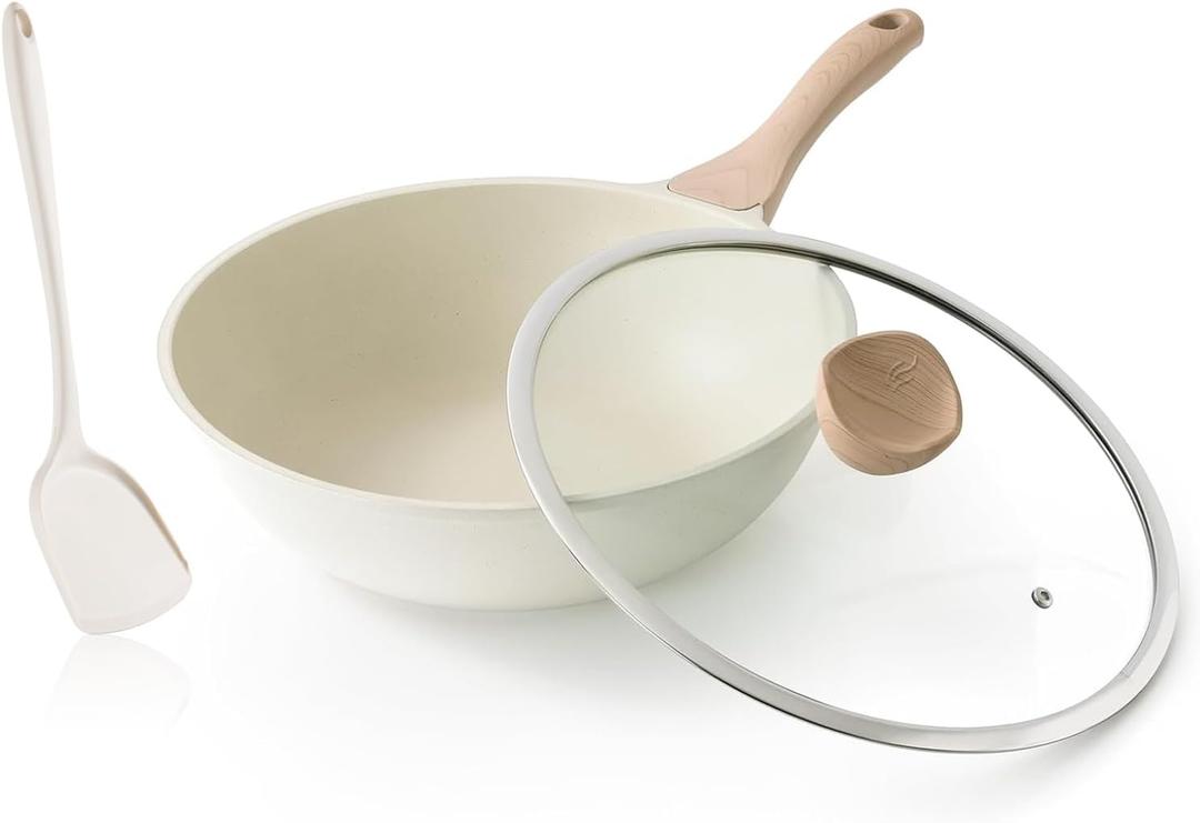 Kordisen Nonstick Wok with Lid, 12 Inch Woks & Stir-fry Pans, Healthy Coating Induction Cookware, Compatible with All Stovetops, PFOA Free (Cream White)