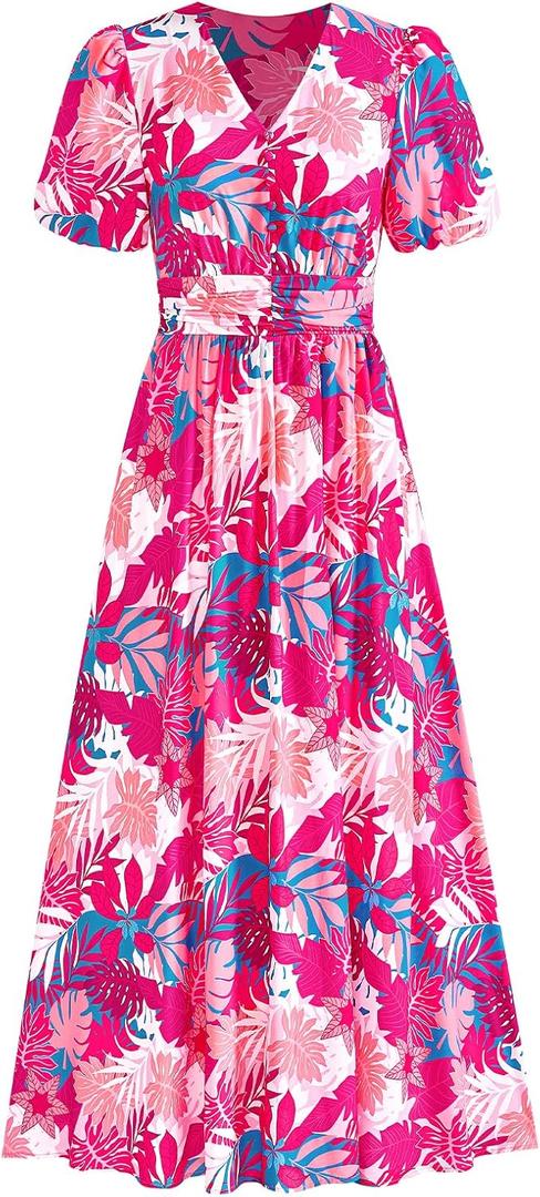 PRETTYGARDEN Womes Boho Maxi Dresses 2026 Summer Spring V Neck Puff Sleeve Empire Waist A Line Flowy Long Beach Floral Dress (S)