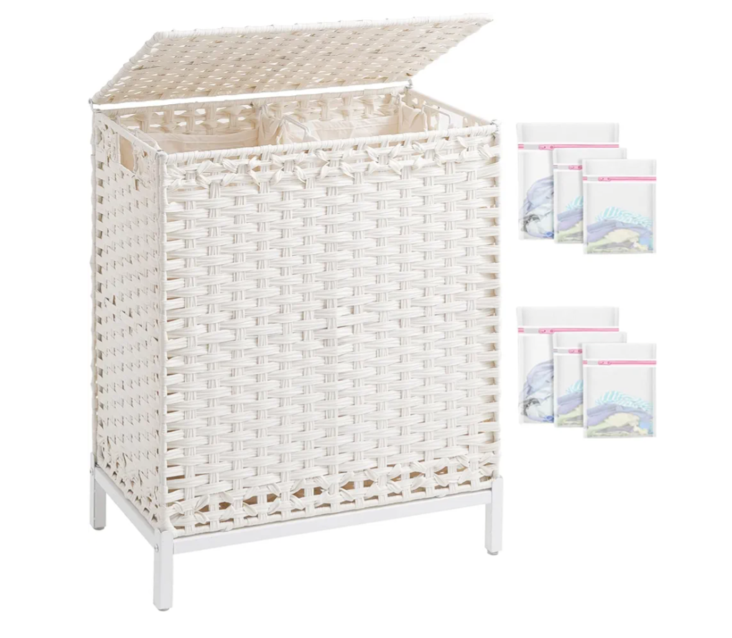 Laundry Hamper with Lid, 112 L Handwoven Rattan Wicker Laundry Basket, 2 Removable Liner Bags Metal Heightened Feet, 6 Mesh Bags, 2 Section Large Clothes Hamper for Bathroom Bedroom, White