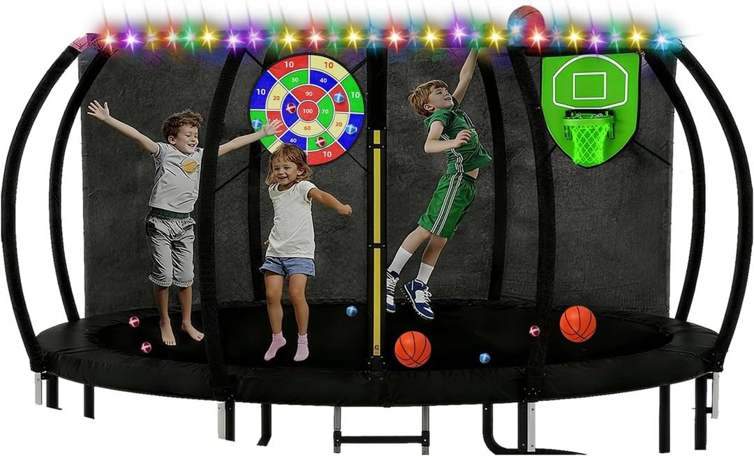 Trampoline Accessories Kit Kids, Basketball Hoop with 3 Mini Basketballs,50FT Solar Lights Fit 8 10 12 14 15 16FT Trampoline Outdoor 8 Mode, Choose from 2 Kits with Sprinkler or Dart Board & Glow Net