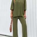 PRETTYGARDEN 2 Piece Lounge Sets for Women Summer 2025 Short Sleeve Tops Wide Leg Pants Matching Travel Outfits Clothing (Army Green,X-Small) 