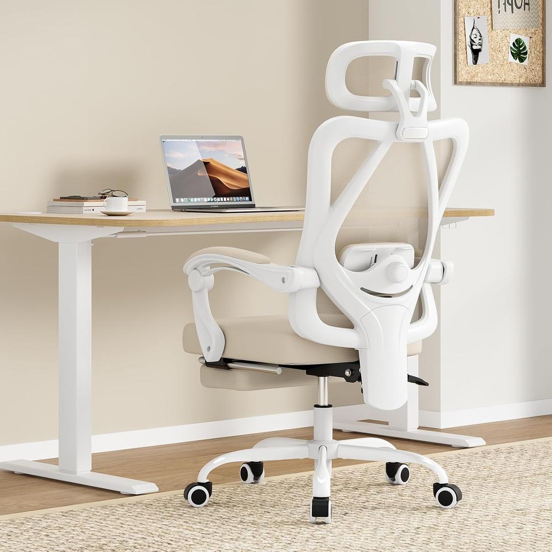 Farini Office Chair with Headrest, Ergonomic Mesh Office Chair with Footrest, High Back Desk Chair with Adjustable Lumber, Swivel Computer Chair for Home Office Study Room, White and Khaki