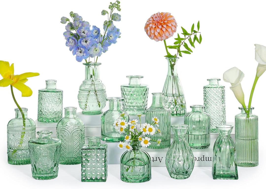 SUPMIND Glass Bud Vase Set, 16pcs Small Green Flower Vases for Table Centerpieces in Bulk, Mini Vintage Vase for Wedding, Home, Table Decoration
