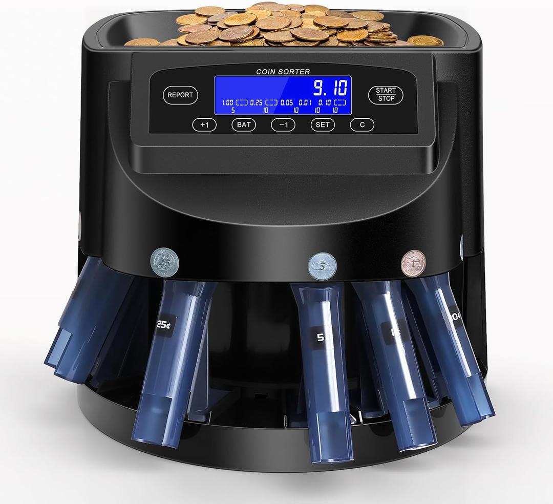 Coin Counter and USD Coin Sorter with LCD Display, Automatic Change Counter for 1 5 10 25 $1, 270 Coins/min, 300-Coin Capacity, Coin Sorter and Wrapper Machine for Fast & Accurate Sorting