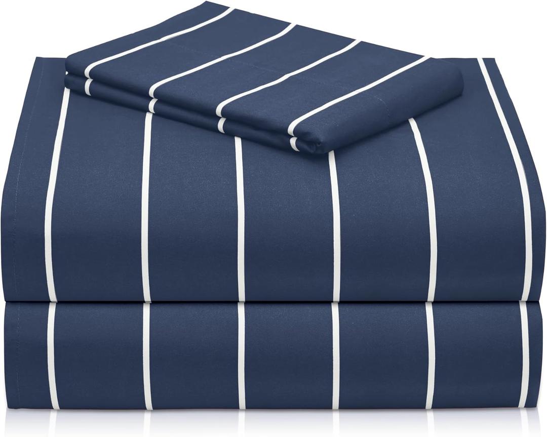 LuxClub Striped Sheets, 3 PC Striped Bed Sheets Twin Size, Deep Pockets 18" Eco Friendly Wrinkle Free-Kids-Fitted Sheets Machine Washable Hotel Bedding (Twin, Light Blue)