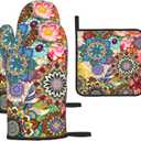 Boho Floral Oven Mitts and Pot Holders Sets, Heat Resistant Colorful Kitchen Gloves Hot Pads, Cute Baker Stuff, Chef Cooking Baking Gifts for Women Bakers, Kitchen Gifts for Cooking Lover Cooks Mom