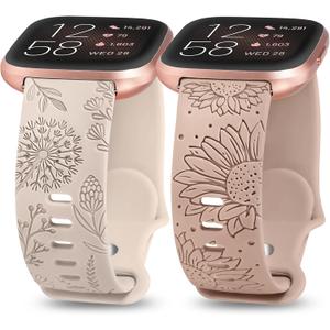 Minyee 2 Packs Floral Engraved Band Compatible with Fitbit Versa 2/Fitbit Versa/Versa Lite Bands Women, Cute Soft Silicone Sunflower Dandelion Sport Designer Fancy Summer Strap for Versa 2 Smart Watch (Starlight/Nude)
