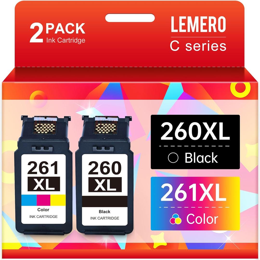 LEMERO 260XL and 261XL Ink Cartridges Relacement for Canon 260 and 261 Ink Cartridges, PG-260 XL/CL-261 XL for Canon TS6420a TS6400 TR7020a TR7020 TS5320 Printer Ink (1 Black, 1 Tri-Color)