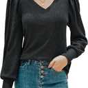 HOTOUCH Women's Knit Shirt Soft Puff Long Sleeve Blouse Tops Lightweight V Neck Tunic XS-XXL (Black, L)