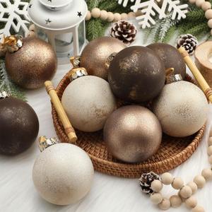 Yunlly 12 Pcs Large Neutral Textured Christmas Ball Ornaments 3.15 Inch Vintage Rustic White Gold Brown Xmas Bulbs Ornament Shatterproof Antique Farmhouse Modern Christmas Decor for Tree Holiday Decor