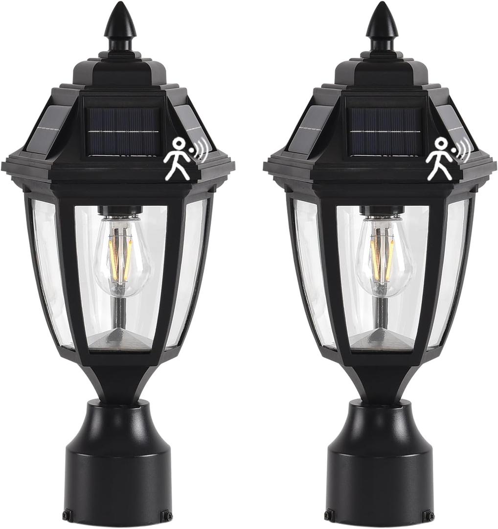 Solar Post Lights 2 Pack, Motion Sensor Post Lantern Without Pier Mount Base, Waterproof Solar Powered Pole Light Fixture for Patio Yard Garden