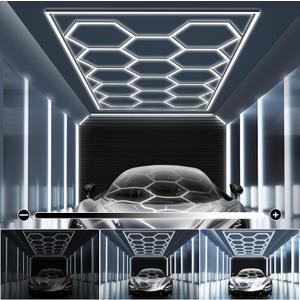 MODERN Hexagon Garage Light: Upgraded 3 Level Dimmable Hexagon Led Garage Light with Rectangle Frame 86400 Lumens 6500K for Garage, Basement, Warehouse, Auto Beauty Shop, Car Detailing Shop etc.  (14 HEX WITH BORDER(190.2"L x 95.7"W x 1.4"H))