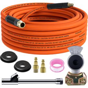Truck Tire Inflator Kit, 3/8" x 50 ft Hybrid Air Hose with 1/2" Universal Gladhand Connection & 1/4" Dual Foot Chuck & Air Plug, Air Hose Tire Inflator Kit for Semi Truck (350psi max working pressure)