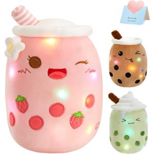 Athoinsu Light Up Strawberry Milky Tea Plush Pillow 15'' Kawaii Stuffed Bubble Animal Toy with LED Lights Birthday Christmas Holiday Valentines Gifts for Kids,Girls,Boys (Medium, Pink)