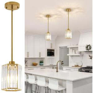 2 Pack Crystal Pendant Lights, Brushed Gold Kitchen Hanging Pendant Light Fixtures, Modern Hexagonal Crystal Pendant Lighting for Kitchen Island, Dining Room, Hallway, Foyer Entryways