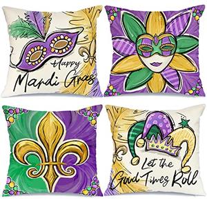 GEEORY Mardi Gras Pillow Covers 16 x 16 Set of 4 for Beads, Masquerade Mask, Fleur De Lis, Feather - Happy Mardi Gras Decor Throw Pillows Decorative Cushion Cases