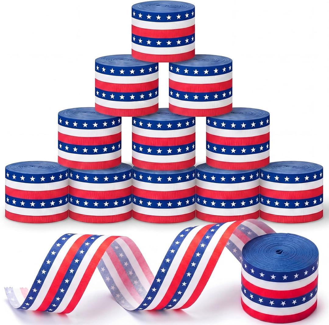 AmazingSpark 12 Rolls 4th of July Patriotic Crepe Paper Streamers, 394 ft Red White Blue Crepe Paper Rolls for Independence Day 250th Anniversary Memorial Day Party USA Theme Decor Backdrop DIY Craft