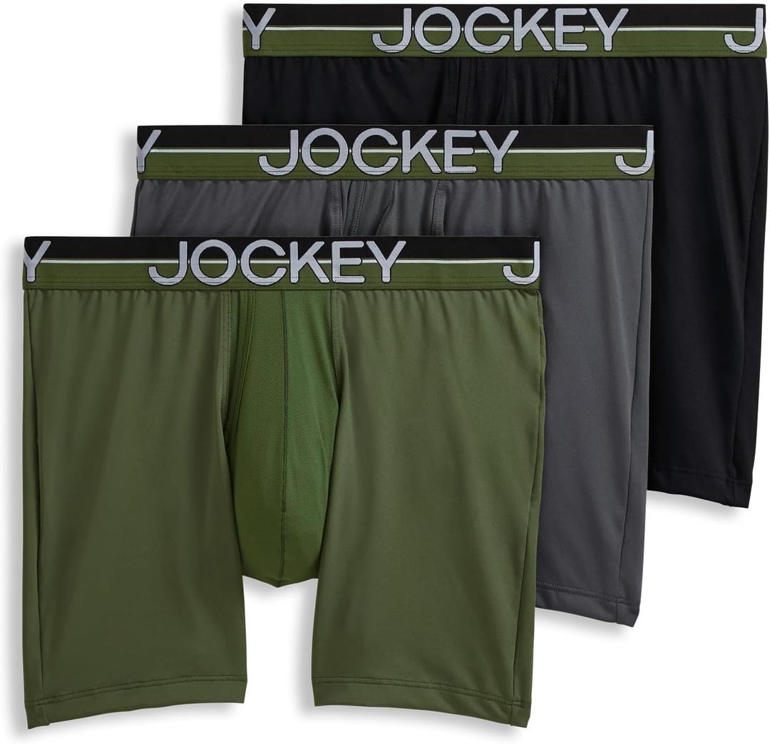 Jockey Men's Underwear Infinite Cool Microfiber Stretch 6" Boxer Brief - 3 Pack (Medium, Military Green/Battleship Grey/Black)