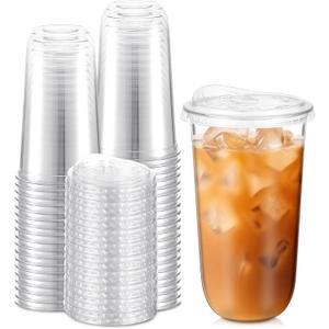 LemonRoad 50 Sets Plastic Cups with Strawless Sip Lids, Thickened Round Bottom PET Disposable Clear Cups for Iced Coffee Smoothie Cold Beverage Coffee Shops and Party Catering (Clear,20 oz)