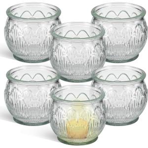 GLEAVI Glass Votive Candle Holders Set of 6, Clear Lotus Tealight Candle Holder Centerpieces, Thick Heavy Base Flower Candlestick for Wedding Reception Party Home Decor Table