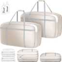 DIMJ Large Compression Comforter Storage Bag with Handls, 100L Washable Blanket Storage Packing Totes Moving Bags With Zipper, Space Saving Containers For Pillow, Clothes, Bedding, 2 PCS (Beige)