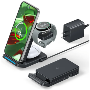 3 in 1 Foldable Wireless Charger for Google Pixel Watch 3/2(Not for Pixel Watch 4/1), Fast Charging Station Stand for Pixel 10 Pro XL/9/8/7 Pro/9a/8a/6 Pro and Buds with QC Adapter for Travel, Black