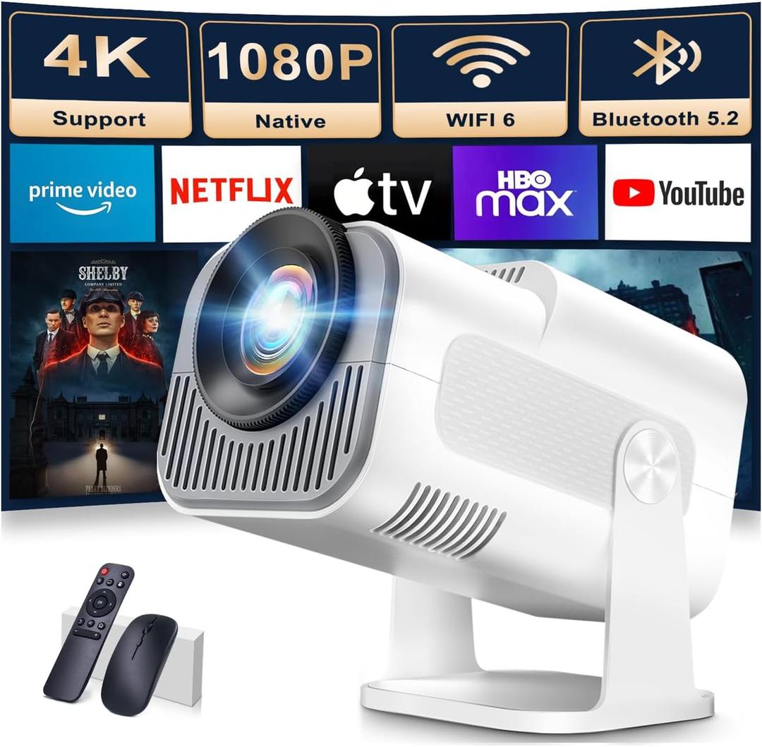 Built-in AppsMini Projector 1080P, 4K Projector Full HD with WIFI 6 and Bluetooth 5.2, Support 270 Rotatable Portable Projector with Auto Keystone Correction,Compatible with Phone/HDMI/USB-White