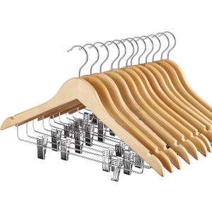 HOUSE DAY 12 Pack High-Grade Wooden Suit Hangers Skirt Hangers with Clips Solid Wood Pants Hanger Natural Smooth Finish Premium Wood Hanger with Durable Metal Clips for Blouse, Dress, Coat, Jacket
