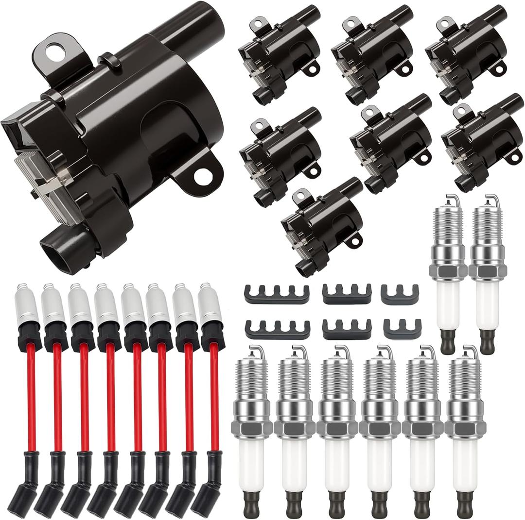 UF262 Round Ignition Coils Pack/Double Iridium Spark Plugs/Spark Plug Wires for Chevy Avalanche Express Tahoe Silverado Suburban 1500 HD GMC Savana Sierra Yukon HUMMER H2 V8 4.8L 5.3L 6L 8PSC