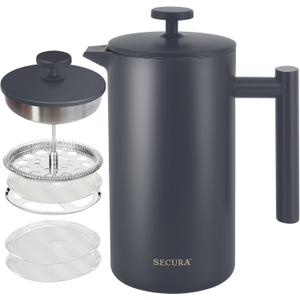 Secura French Press Coffee Maker, 304 Grade Stainless Steel Insulated Coffee Press with 2 Extra Screens, 34oz (1 Litre), Grey