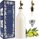Ceramic Olive Oil Dispenser Bottle for Kitchen with Gravity Spout, 19 oz Opaque Relief Oil Cruet with Funnel, Oil Container for EVOO, Vinegar, and Soy Sauce (Petal Design)