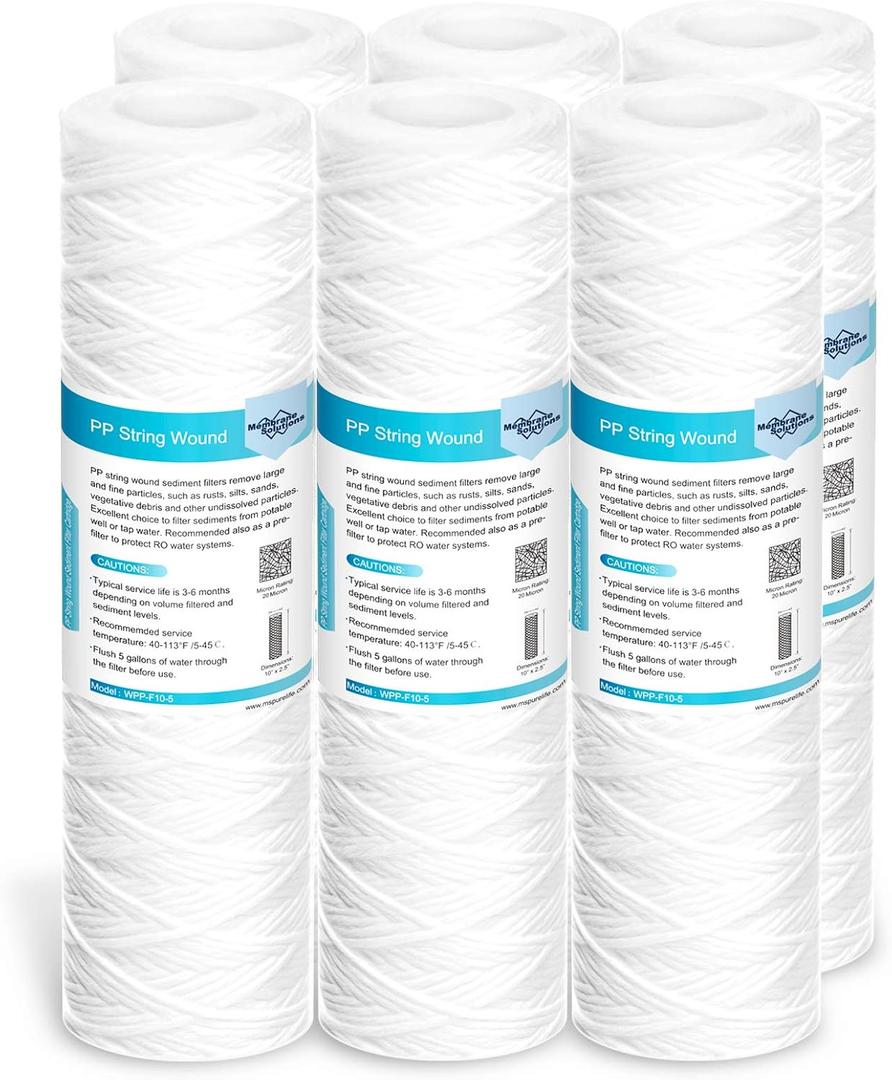 Membrane Solutions 20 Micron 10"x2.5" String Wound Whole House Water Filter Replacement Cartridge Universal Sediment Filters for Well Water - 6 Pack