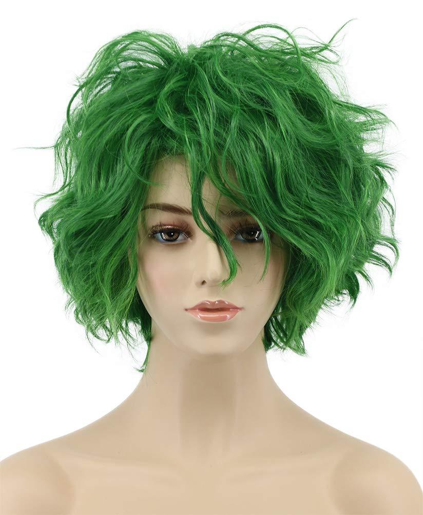 VGbeaty Women and Men Fluffy Short Curly Green Wig Halloween Cosplay Anime Costume Wig (2 Piece Set)