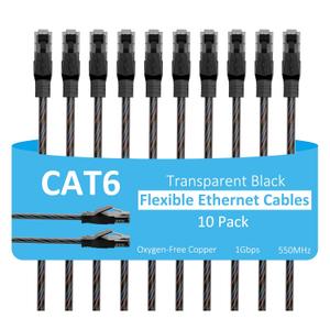 Cat6 Ethernet Cable 1 FT (10-Pack), Snagless Cat 6 Patch Cable, Upgraded Transparent Flexible PVC Jacket, OFC Oxygen-Free Copper, 1Gbps, Internet Network Cable, Cat6 Cables, UTP, Black Cable -10 Pack
