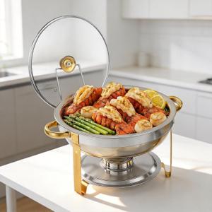 Chafing Dishes for Buffet1 Pack 4.5QT Round Chafing Dishes for Buffet, Gold and Silver Stainless Steel Chafing Dish Buffet Set with Glass Lid and Lid Holder for Home Parties, Gatherings,Wedding