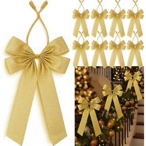 Soulchen 12 Pcs Large Christmas Bows with Garland Twist Ties Decorative 26 Inch Glitter Twist Tie Bows for Christmas Tree Wreath Garland Railings Wrapping Indoor Outdoor Holiday Party Supplies(Gold)