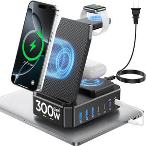300W Charging Station for Multiple Devices Apple,10 in 1 Wireless Charger for iPhone,GaN III USB C 65W PD Fast Charging Stand Dock for MacBook,iWatch&Airpods (Wireless Charging Only for Apple) Black