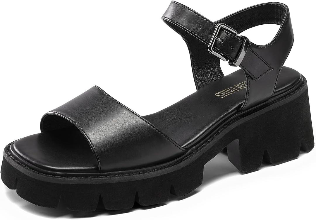 DREAM PAIRS Women's SDHS2316W Lug Sole Low Platform Chunky Block Heels Square Toe Ankle Straps Sandals Black Size 7.5