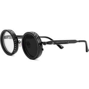 FEISEDY Adjustable Tint Sunglasses Polarized Men, 1-9 Gear Manual Dimming, Steampunk Round Metal Frame UV400 ND Filter B1400 (Black)