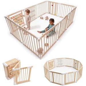 Adjustable 10-Panel Wooden Baby Playpen, 82x55x24 in