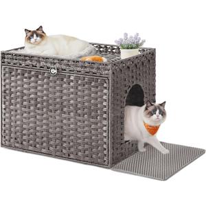 Feandrea Cat Litter Box Enclosure, Handwoven Rattan Hidden Litter Box Furniture with Extra Litter Mat, Removable Washable Tray, Boho Cat House, End Table, Dove Gray UPCL014G01
