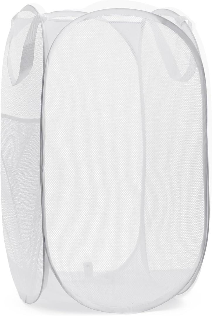 Handy Laundry Collapsible Mesh Pop Up Hamper with Wide Opening and Side Pocket  Breathable, Sturdy, Foldable, and Space-Saving Design for Clothes and Storage. (White)